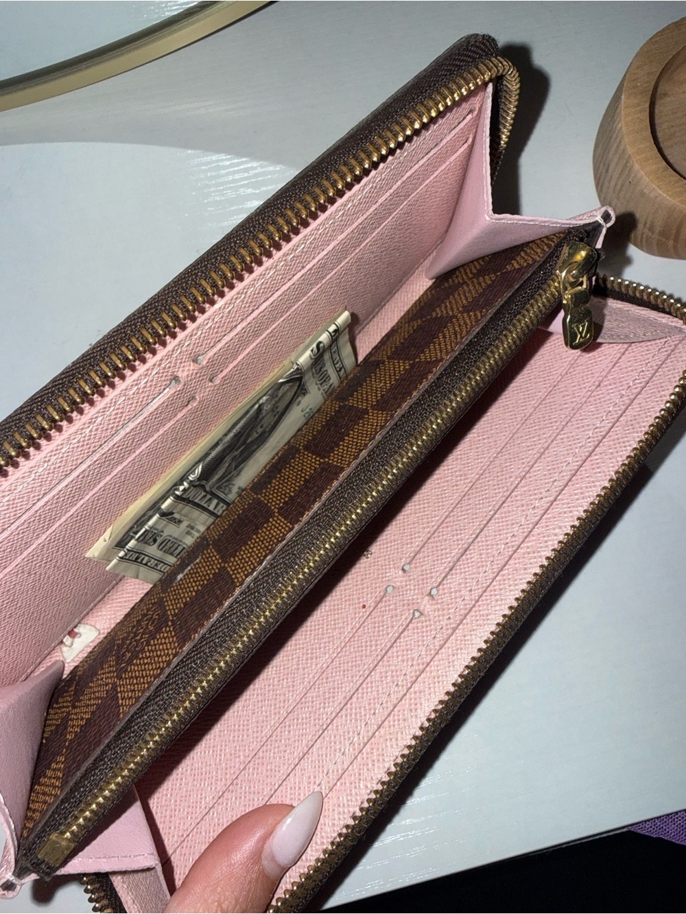 Louis Vuitton Pink and Brown Zip-Around Wallet with Gold Hardware